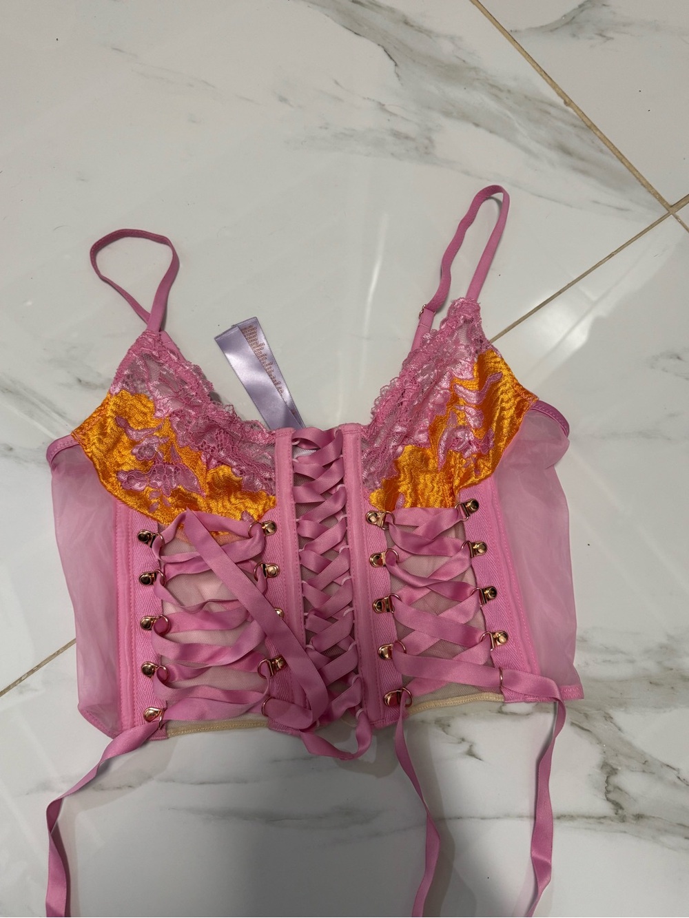 Savage X Fenty Pink and Orange Lace-Up Satin Bustier